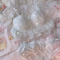 Girly Princess Underwear Lace No Steel Ring Cute Micro Gathering Bra Set Bow Floral Tube Top Sweet Lingerie with Underpants