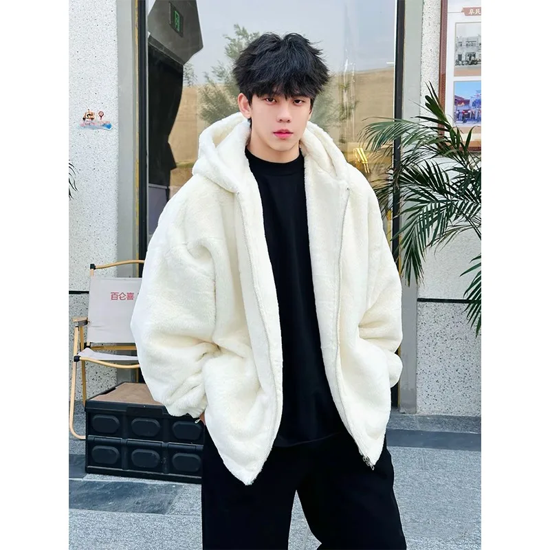 

Lamb Velvet Hooded Cotton Jaet Men's Winter Thiened Fce Open Cardigan Sweatirt Cleanfit Warmth Outerwear