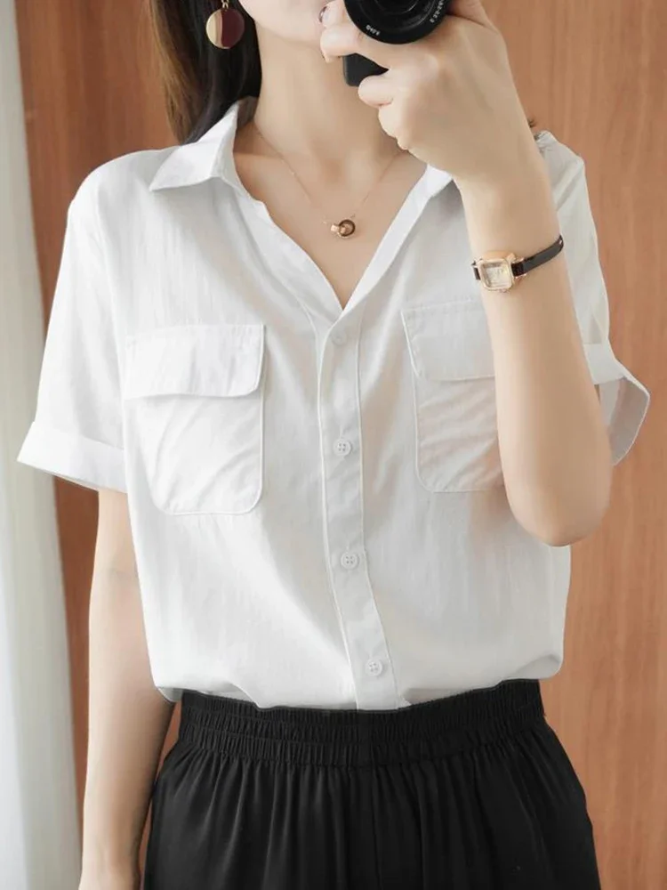 Elegant V Neck White Shirt Women Casual Simple Double Pockets Blouse Korean Fashion Loose Short Sleeve Office Lady Tops New