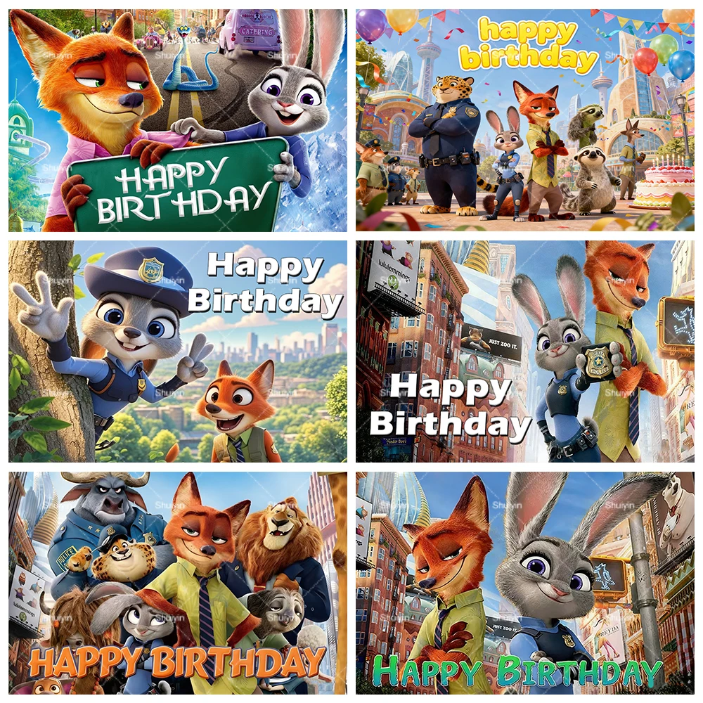 Toile de fond de dessin animé Zootopia 2, Judy et Nick, fournitures de décoration pour fête d'anniversaire d'enfants, bannière de baby shower, accessoire de photographie