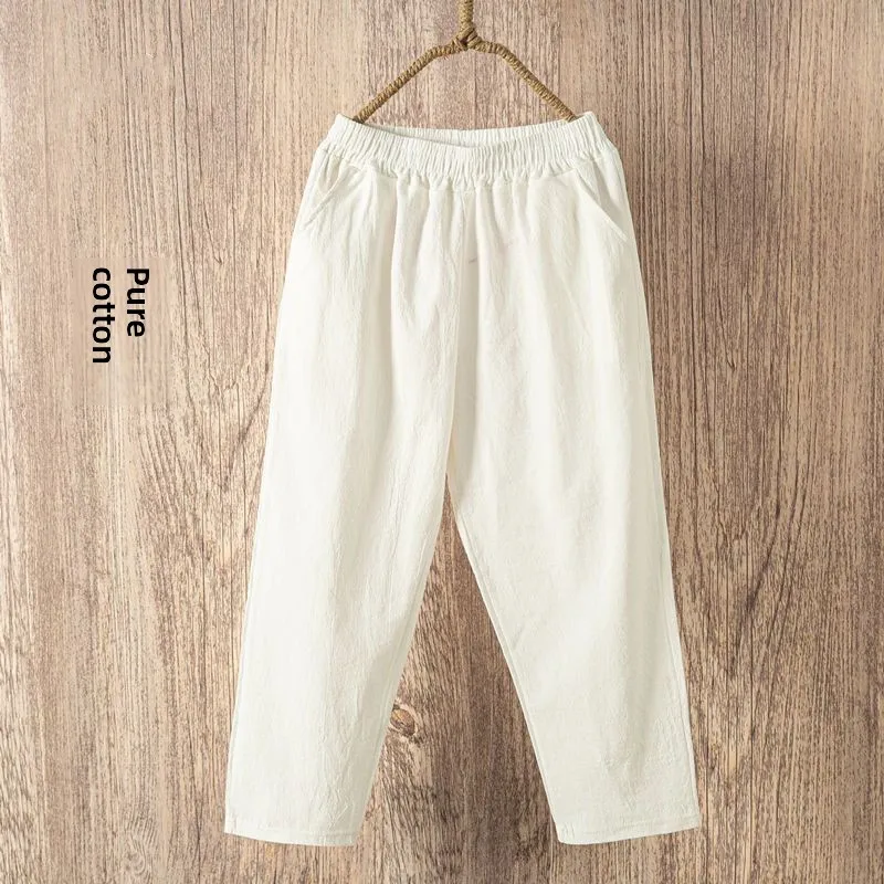 Pantaloni Harem in cotone e lino Donna Estate Sottile Casual Taglia grande Bianco Allentato Dimagrante Nove punti Pantaloni carota Vita alta Coreano...