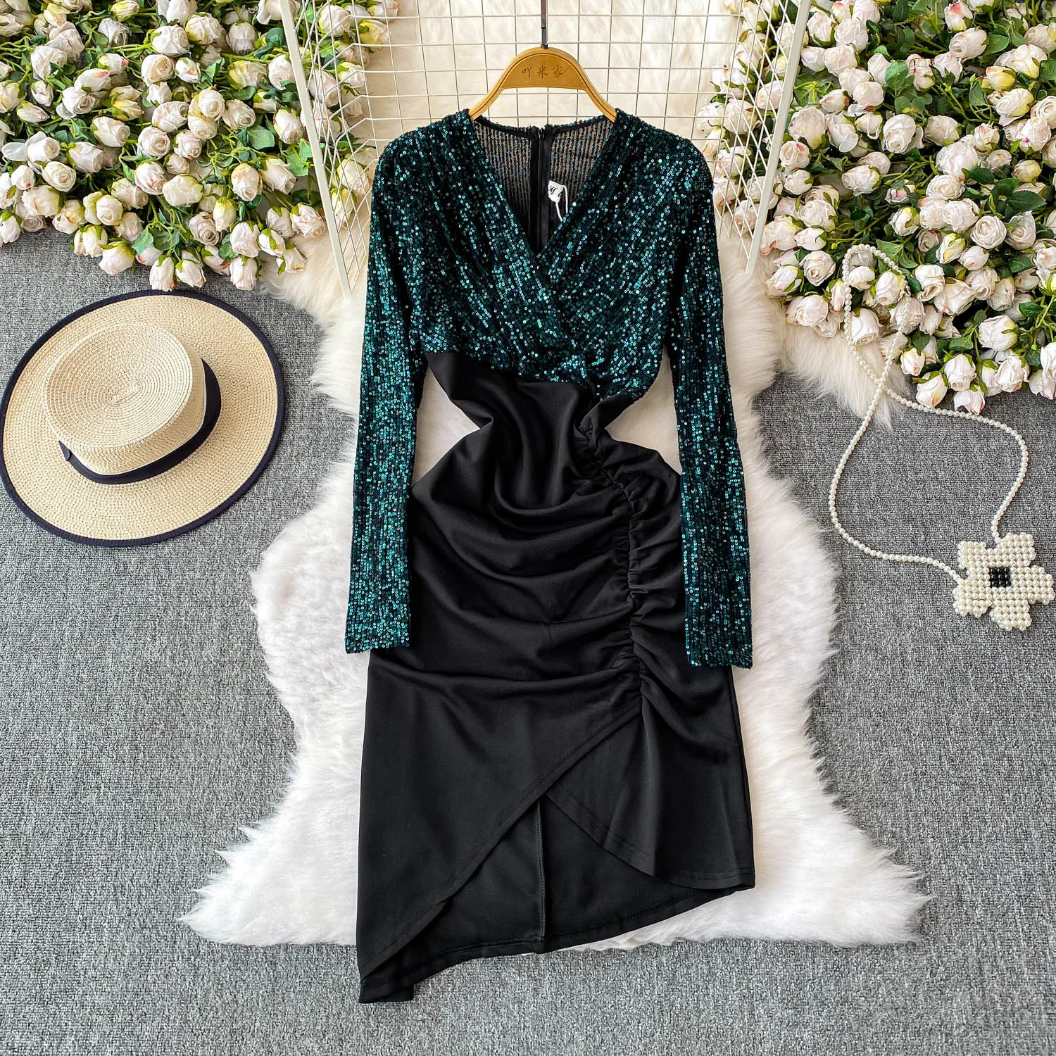 Chic vintage sexy scollo a V incrociato manica lunga slim elegante fata moda coreana Boho vestito estivo abbigliamento donna