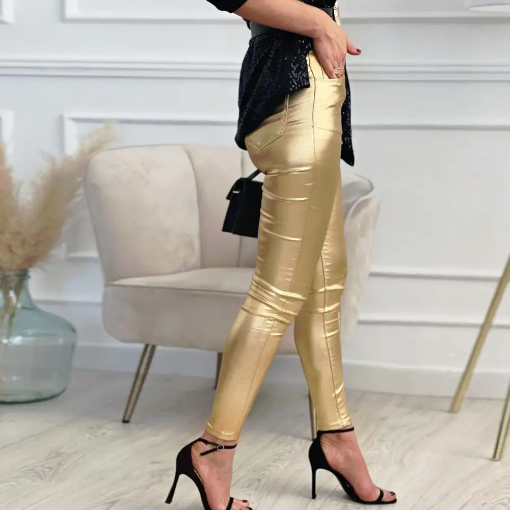 Womens Leather Leggings Pants Ankle-Length Tight Stretchy Wrinkle Pockets Bright Surface Sexy Faux Leather Pants Clothing