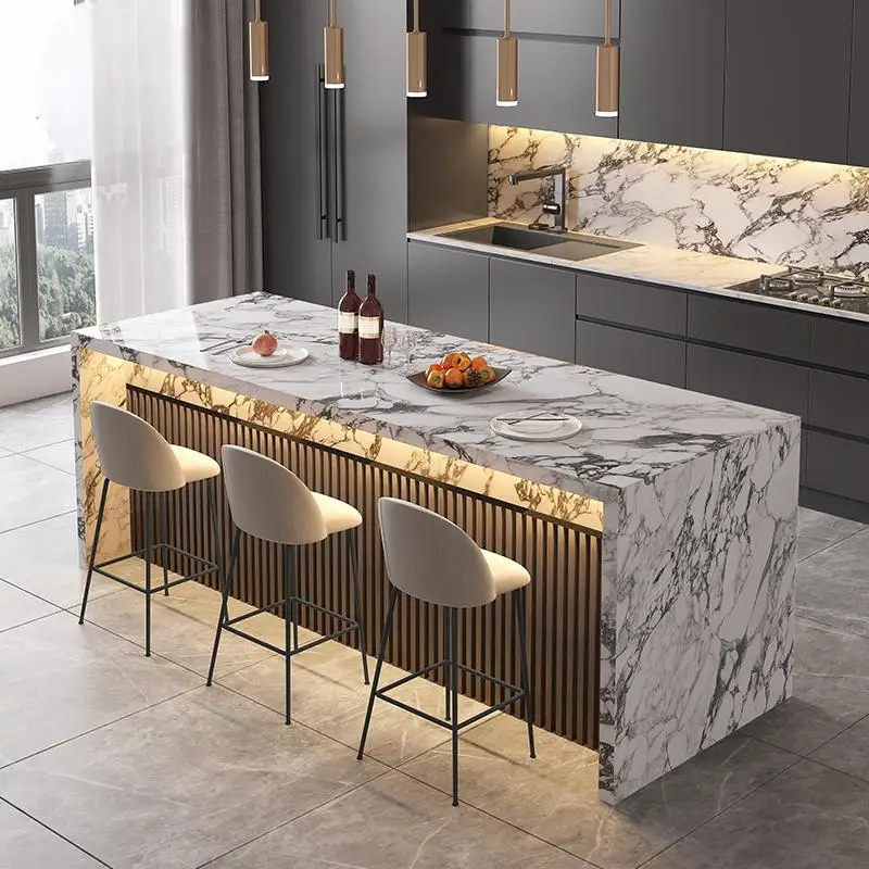 Marble Kitchen Island Dining Table with Tea Bar Countertop, Custom Kitchen Peninsula Breakfast Bar for Open Concept Modern Home