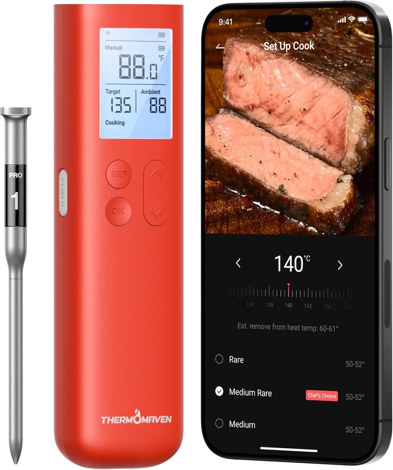 

Smart Bluetooth Wireless Meat Thermometer with 3000ft Range, NIST Certified ±0.5°F Accuracy for BBQ Oven Grill