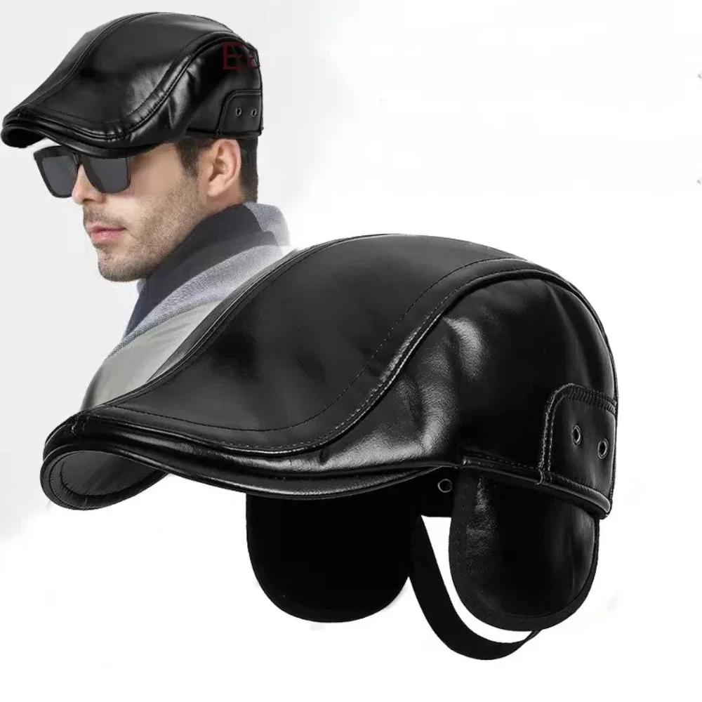 Sombrero informal de cuero PU para personas mayores de mediana edad con lengua de pato, gorra plana Vintage de ala corta para vendedor de periódicos, gorra con visera plana suave para mantener el calor, pareja