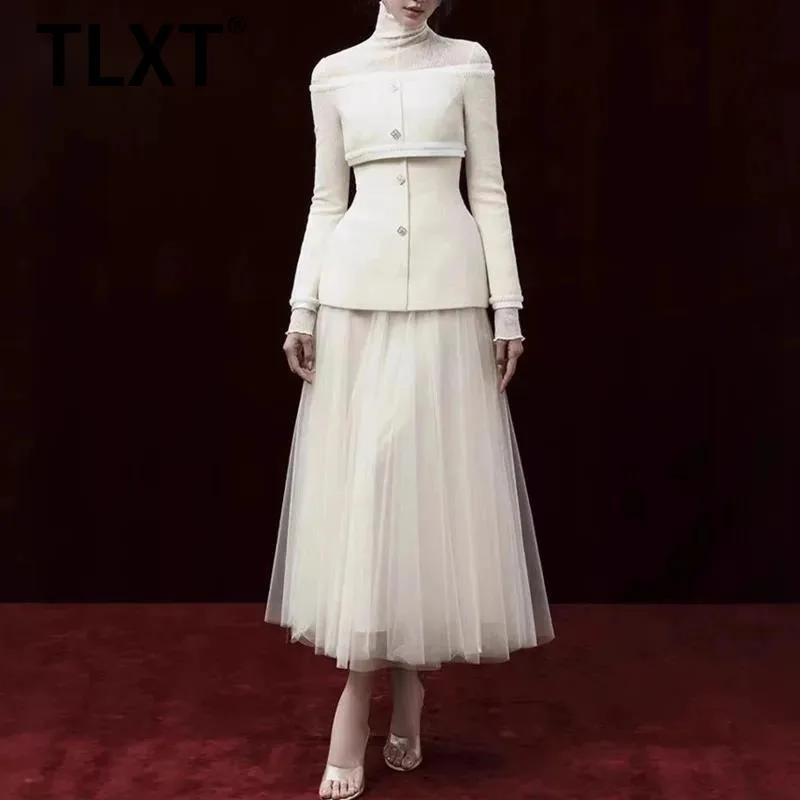 

TLXT Fashion Elegant Women's Solid Slim Fit Two Piece Sets Turtleneck Long Sleeve Dress Slash Neck Coat Casual Set 2026 Spring