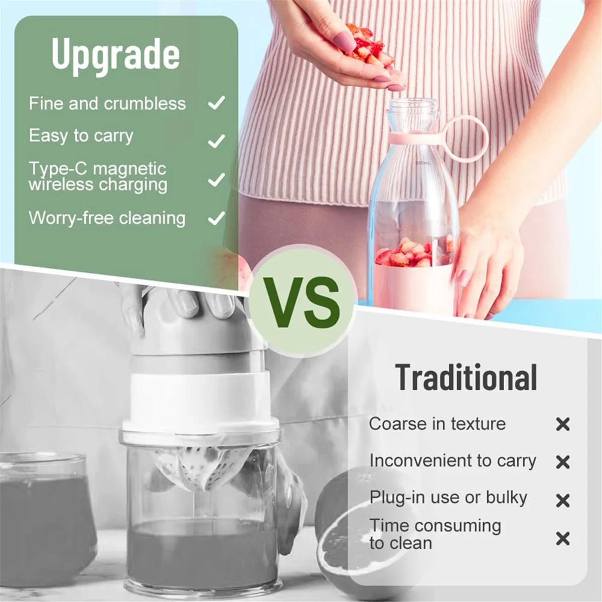 FZFZ Frullatore per succhi portatile Tazza per spremiagrumi portatile ricaricabile con tazza da viaggio e coperchio per preparare succhi e frullati 420ML A