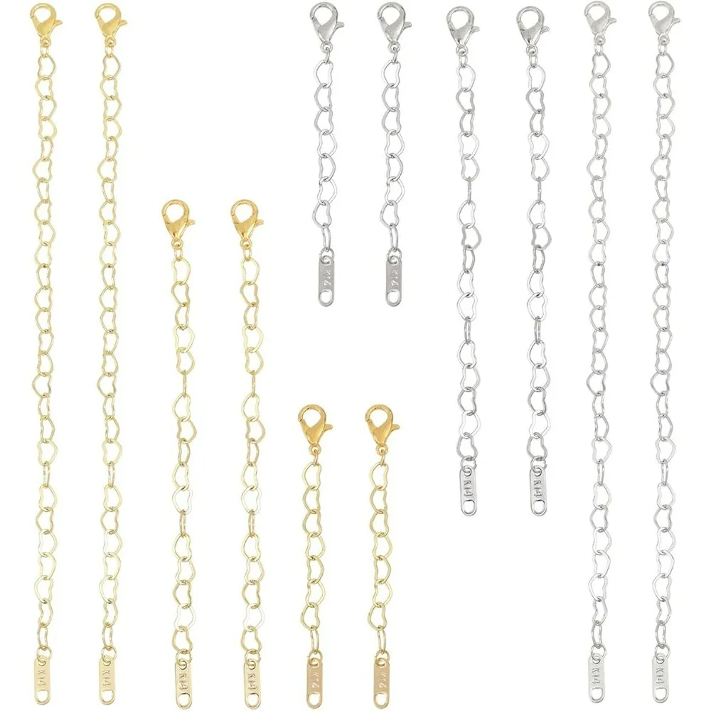 

12Pcs Brass Heart Link Chain Extender with 304 Stainless Steel Lobster Claw Clasps Brass Necklace Bracelet Anklet Extension