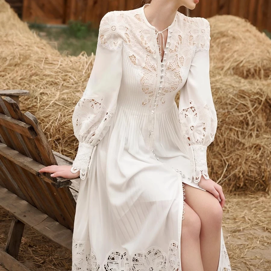 White Elegant Women Dress Bodycon Long Sleeve Single-breasted Hollow Hook Flower Vintage Dresses Runway Design Clothing