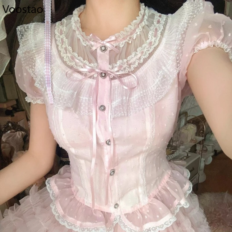 

Японская милая рубашка в стиле Лолиты, женская кавайная рубашка с оборками и бантом, кружевные оборки, шифоновые блузки с пышными рукавами, милые принцессы, тонкие синие топы