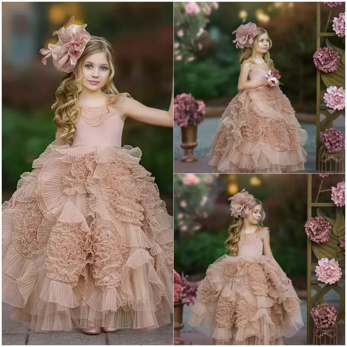 Custom JDY High Sleeveless Lace Multi Layer Ruffle Tulle Flower Girl Dress Wedding Party Gown Birthday Pageant Dress فساتين اطفا