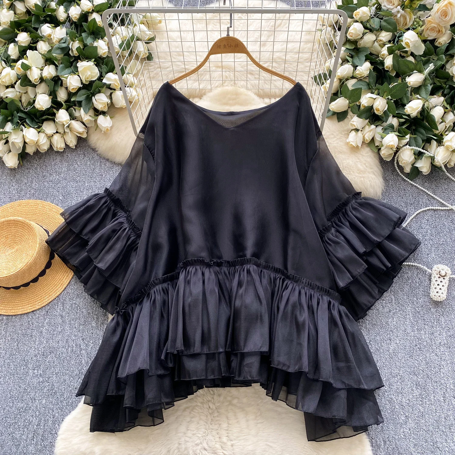 

Fashion Flare Sleeve Shirt for Women Autumn Ruffle Edge Causal Women's Top