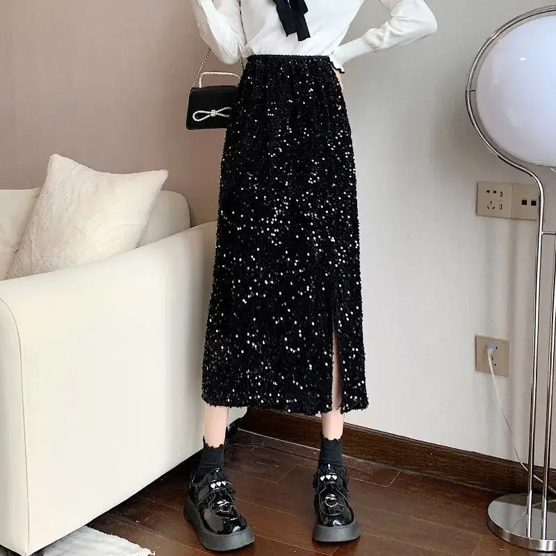 

Sequined All-match Women's Clothing Solid Color Elastic High Waisted Casual Fashion Spring Autumn Straight Bag Hip Knee Skirts