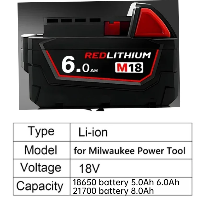 Vhodná dobíjecí lithiová baterie pro nářadí Milwaukee M18. Baterie M18 Milwaukee 6,0 Ah, dlouhá výdrž baterie. 48-11-1850 48-11-1860 - náhled 2
