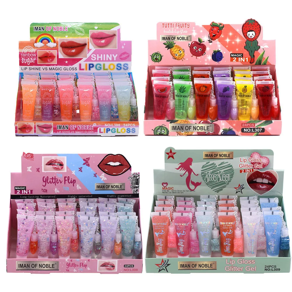 Wholesale 24pcs Rainbows Sequins Lip Gloss Set Cute High-shine Color Changing Moisturizing Girls Lip Oil Kawaii Lips Makeup Bulk