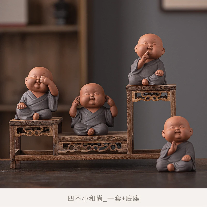 Purple Clay Four Monks Pet Ornaments, Zen-Style Home Decor For Living , Room, Tea Table, Cute Little Novice M