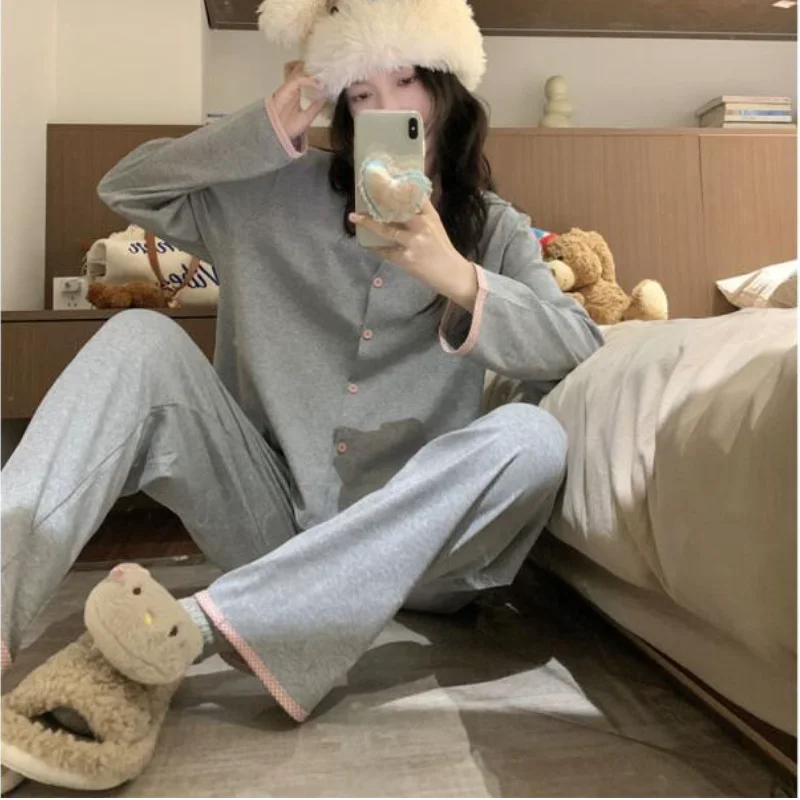 طقم أثاث منزلي للربيع والخريف للنساء بجودة عالية، لون خالص، فضفاض، كم طويل، طقم سراويل طويلة طراز جديد