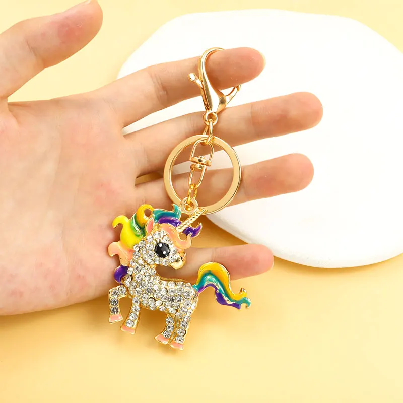Creative Cartoon Colourful Unicorn Rhinestones Enamel Keychain Bag Pendant Car Interior Lucky Amulet Lovely Animal Key Ring