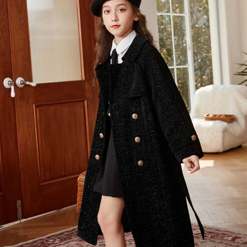 Girls Kids Woolen Coat Jacket Overcoat 2023 Black Warm Thicken Winter Cotton Plus  Size Children\'s Clothing