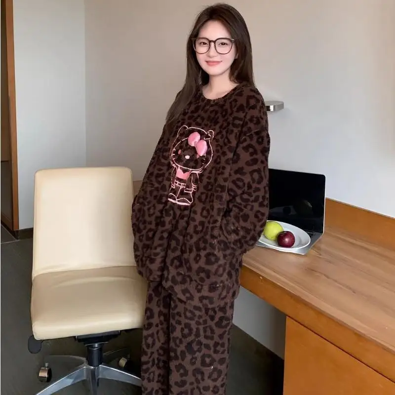 Hello Kitty Sleepwear Women's Autumn Winter Thick New Comfortable Cartoon Leopard Print Can Be Worn As Home Clothes Fashion Gift
