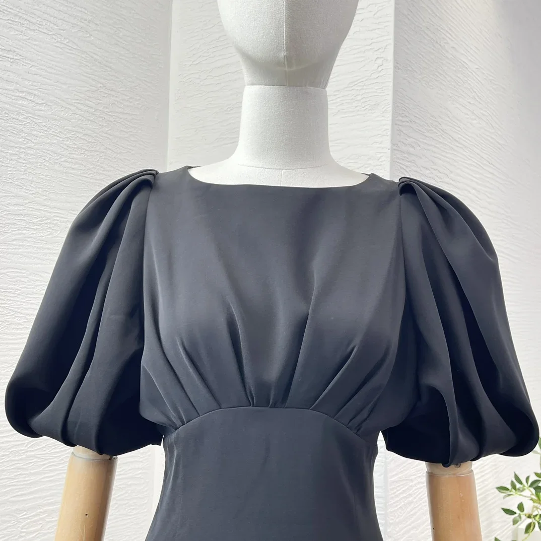 Vestido Midi negro abombado de manga corta con cuello redondo para mujer, vestidos elegantes de verano para mujer, recién llegados, 2024