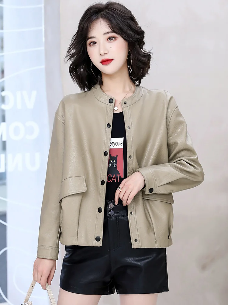 Outerwear New Women Sheepskin Spring 2023 Designer Moto Biker Coat Fashion O-Neck Solid Color Loose Short Sheep Leather Jacket