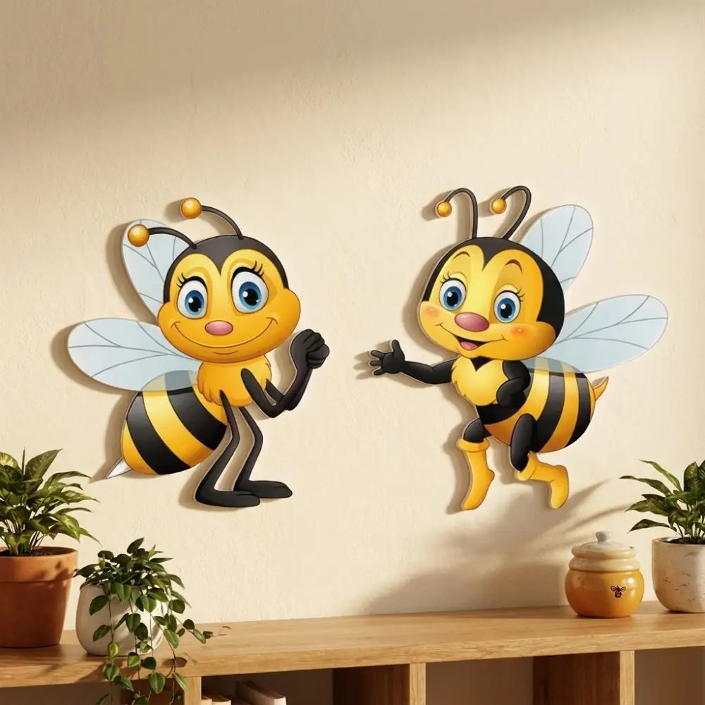 2Pcs 2D Flat Acrylic Cartoon Bee Wall Decor Waterproof Rainproof Bee Fence Wall Ornament Anti-Fade Sun Resistant