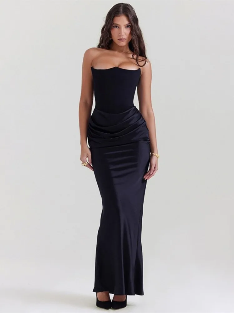 Sexy Red Satin Strapless Backless Women Corset Dress Fashion Waist Ruched Wrap Slim Dresses Autumn Ladies Evening Party Vestidos