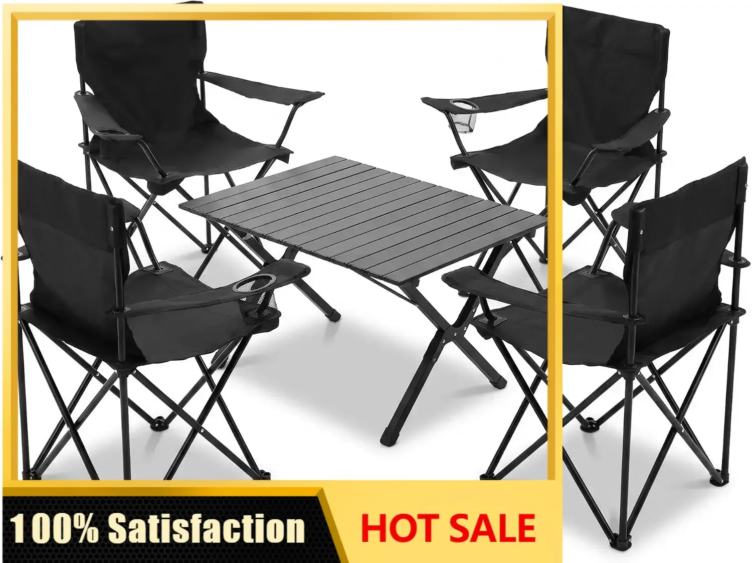 4 Pack Folding Camping Chairs With Table Set, Foldable Portable Lawn Chairs With Carry Bag & Cup Holder, Outdoor Table