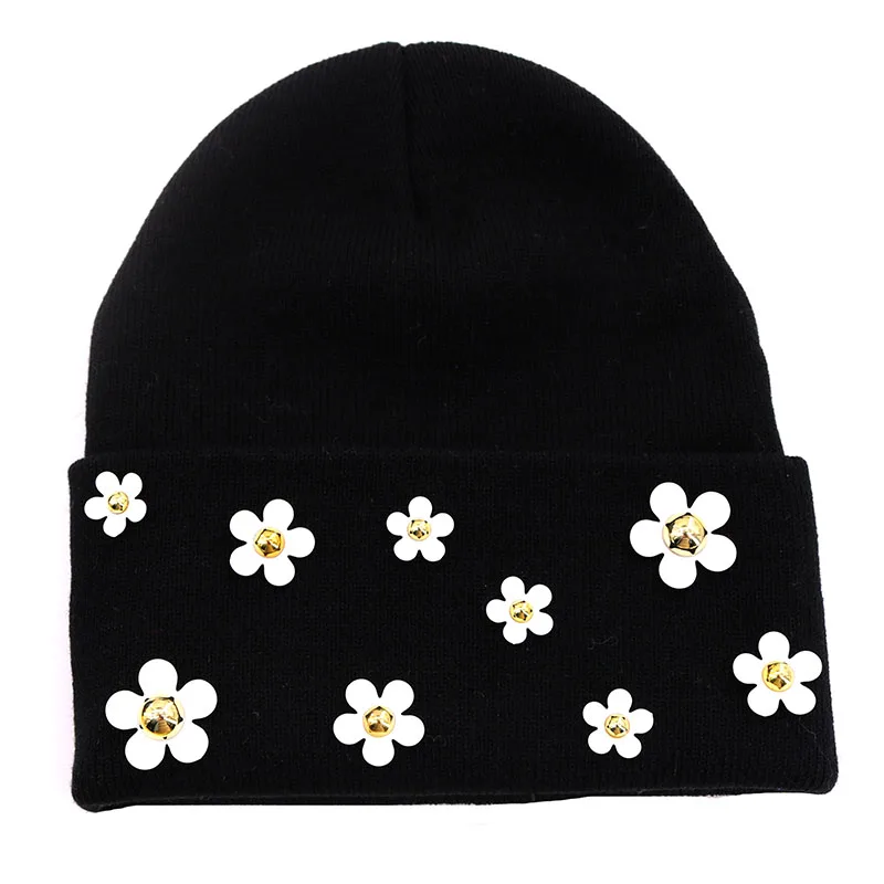 

Casual Winter Hats Cap Skullies Beanies For Women New Cotton Daisy Flower Bonnet Hats Touca Gorro for Ladies Girls Hat Wholesale