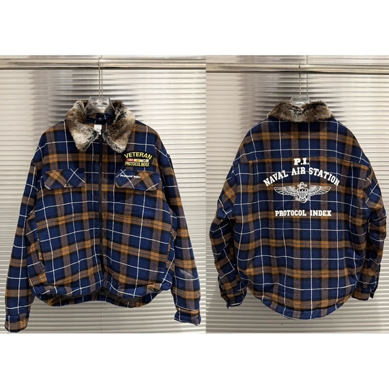 Autumn Winter Detachable Fur Collar Checkered Shirt Badge Embroidered Cotton Protocol Index Jacket Loose Coat