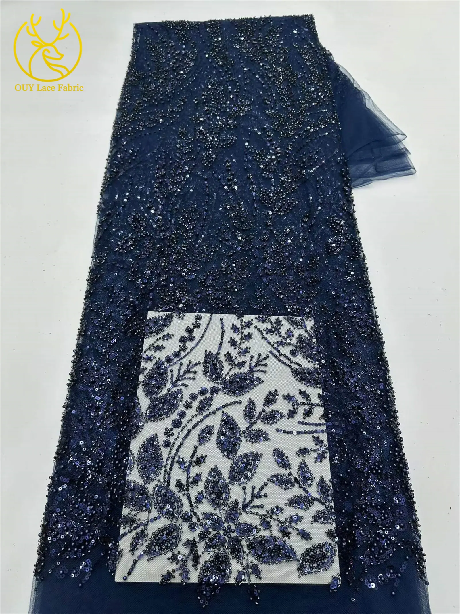 5 Yards grüner afrikanischer Spitzenstoff, hochwertige französische Pailletten, Perlenstickerei, Tüllspitze für nigerianische Frauen, Abendkleid – Detail 13