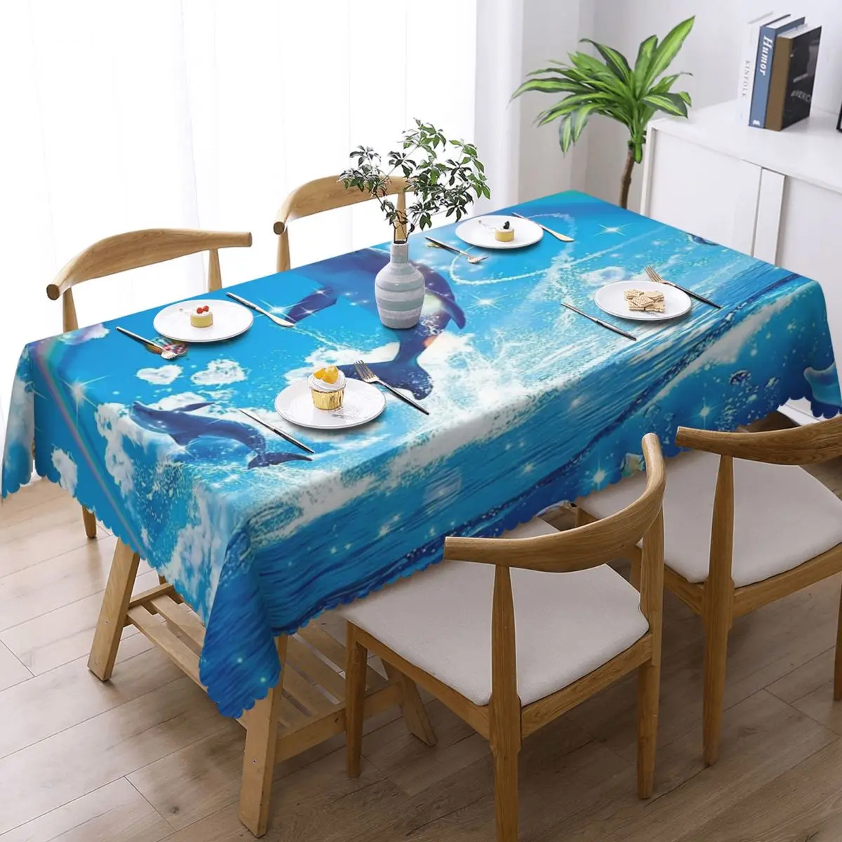 Symphony Dolphins Frutiger Aero Customized Rectangular Tablecloth Waterproof Table Cover for Dining Events Table Cloth