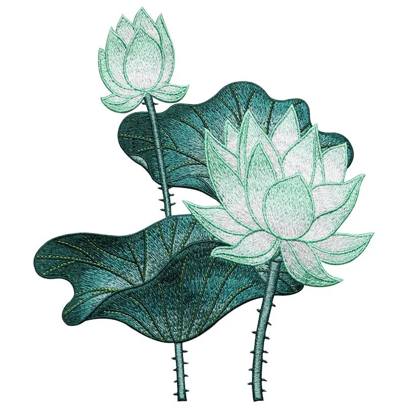 24CM Lotus Flower Embroidered Patches for Clothing DIY Sew On Floral Parches Embroidery Appliques for Dress