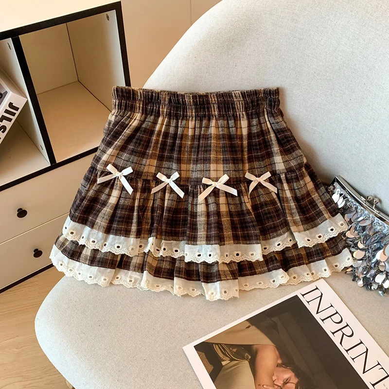 Doux Preppy Mini jupe femmes nœud Plaid dentelle Patchwork taille haute gâteau jupes étudiant Kawaii une ligne plis printemps été jupes
