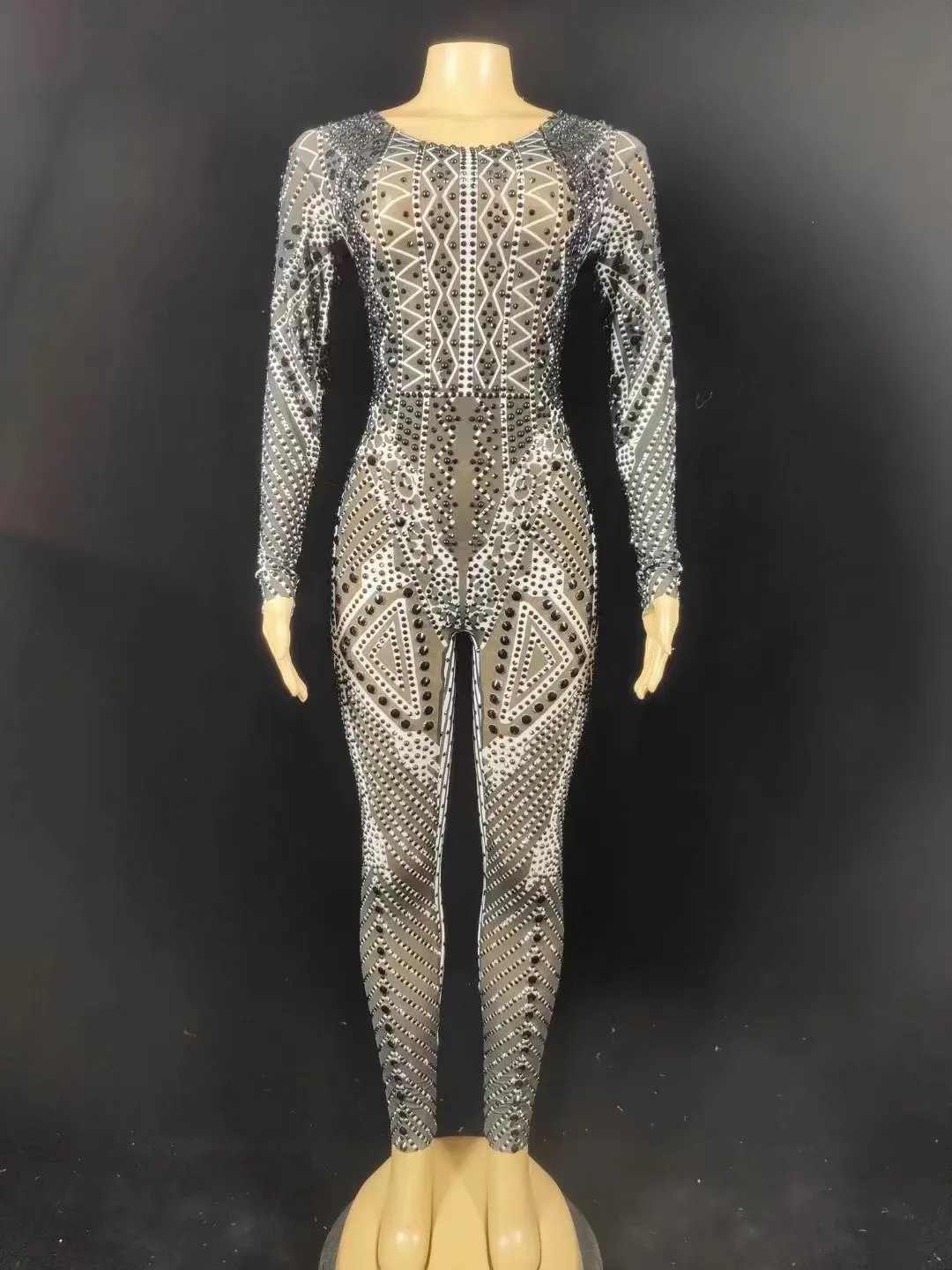 Costume Women Dance Prom Party Photoshoot Jumpsuit Sparkly Silver Crystals Transparent Long Sleeves Jumpsuit Birthday Celebrate