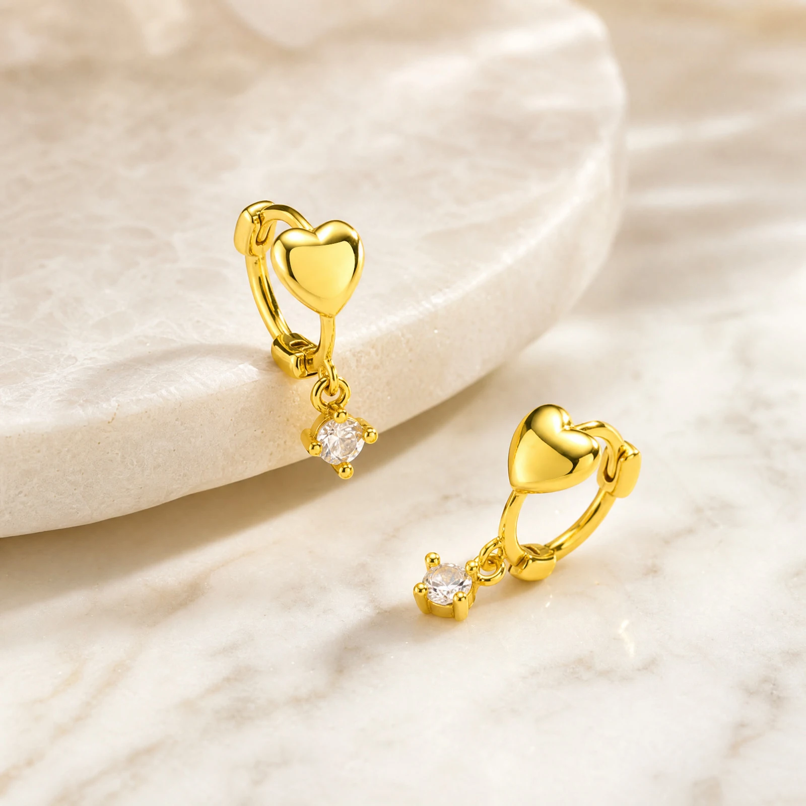 Dainty Love Heart Huggie Hoops, 18k Gold Plated Sparkling Zircon Dangle, Elegant Party Jewelry
