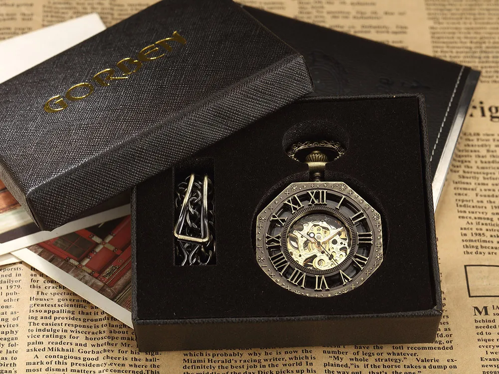 Ramadan Classic Hexagonal Mechanical Pocket Watch FOB Chain Steampunk Roman Dial Skeleton Gold Hollow Steel Men's Pocket Watch