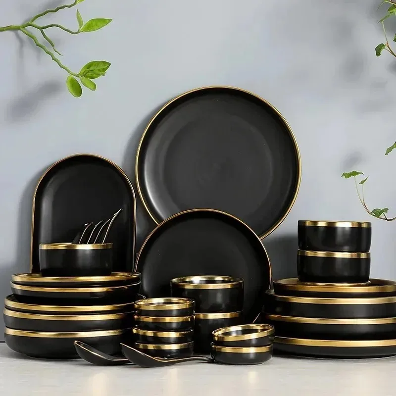 

1Set Matte Gold Inlay Black Porcelain Dinner Sets Kitchen Plate Set Ceramic Dinner Service Food Dishes Rice Salad Noodles Bowl