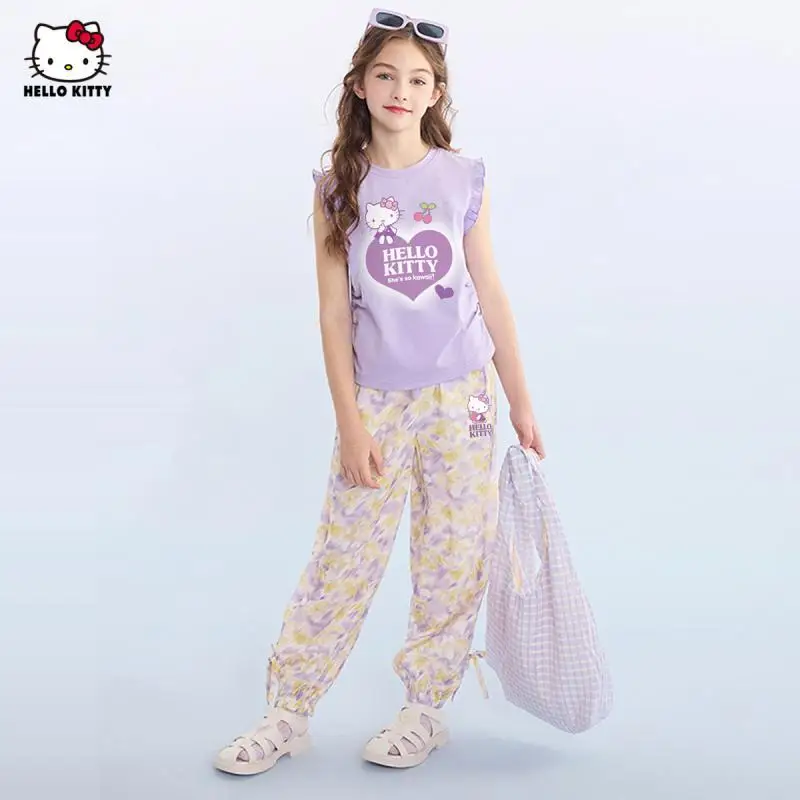 

Sanrio Hello Kitty комплекты для девочек, летние топы без рукавов, повседневные тонкие стильные брюки, каваи, аниме, универсальная модная новая детская одежда