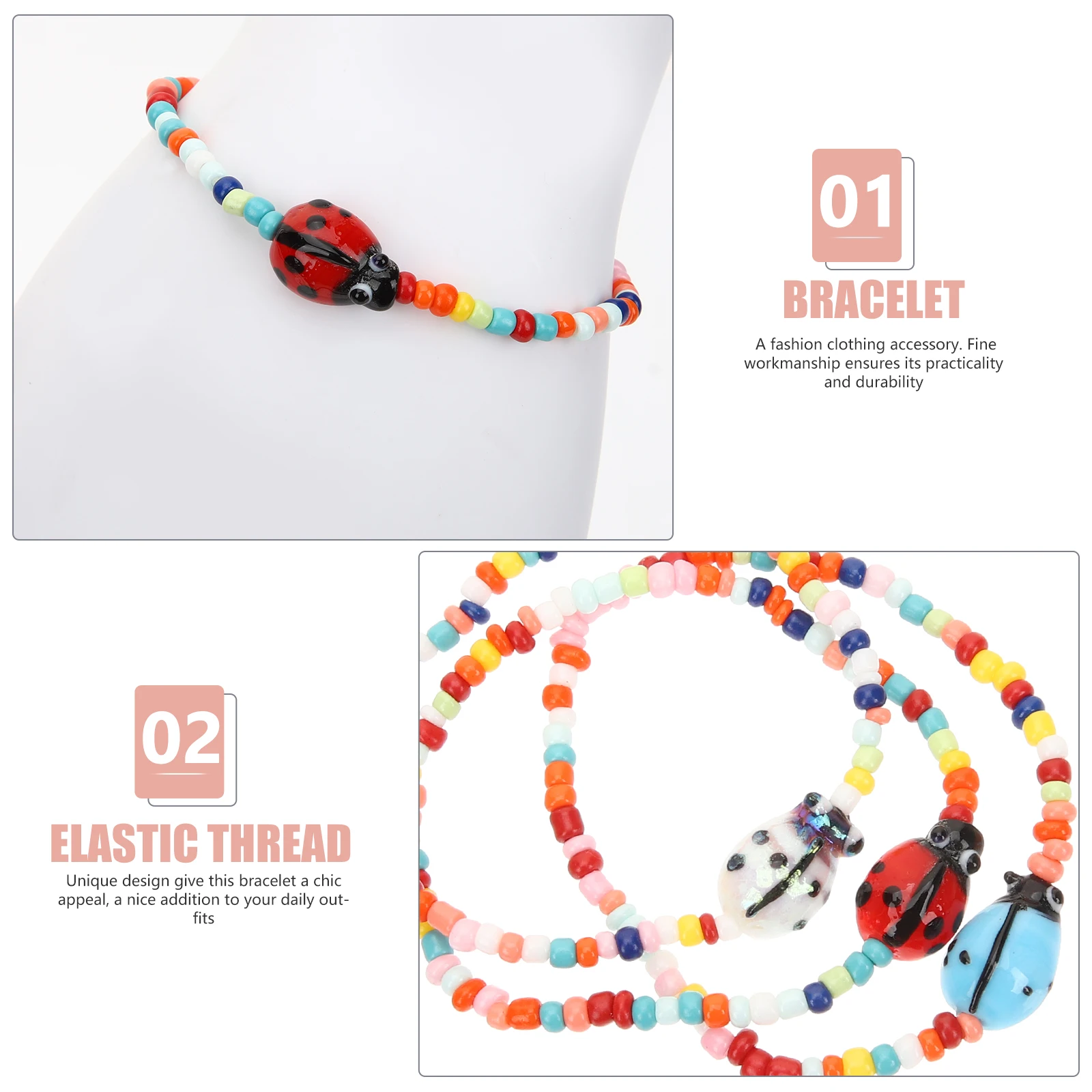 

3 Pcs Bead Bracelet Stretchy Ladybug Bracelets for Women Glass Stylish Thread Beaded Unique Design