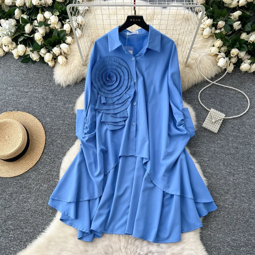 

Elegant Long Sleeves Vintage Polo-neck Chic Asymmetrical 3D Floral Pleated Loose Tailed Top Top Korean High Street Autumn Blouse