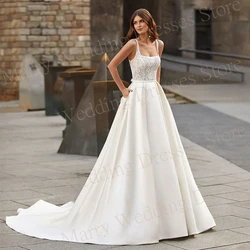 Modern Stain Square Collar Wedding Dresses A Line Applique Lace Bride Gown With Pockets Backless Sleeveless For Women Customized