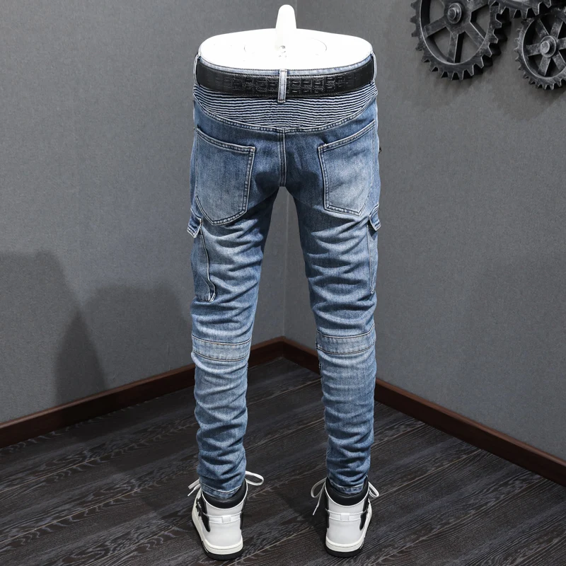 Y2K Designer Men's Blue Jeans with Zipper Decoration Stretch Slim Fit Nostalgic Wash Hip Hop Style Designer Fashion Brand Pants