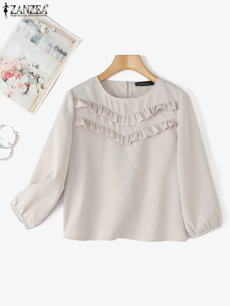 

ZANZEA Элегантная рабочая туника OL, женская блузка с рукавом 3/4, однотонные топы, повседневные свободные топы с рюшами, лето 2024, Blusas с круглым вырезом, большие размеры