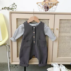 Spring And Autumn Newborn Baby Boys Sleeveless Solid Jumpsuit O-neck Simple Suspender Trousers Korean Fashion Soft Casual