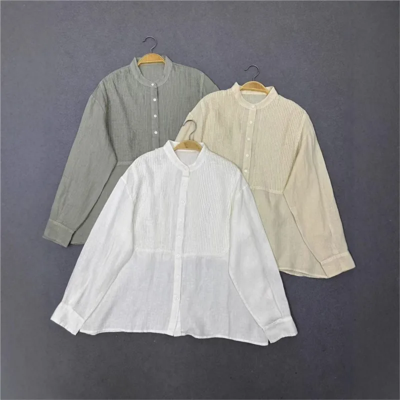 

Johnature простой стиль плиссированная льняная рубашка с круглым вырезом и длинными рукавами для женщин новые осенние свободные однотонные рубашки