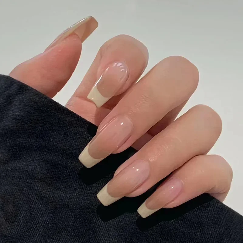 24Pcs French False Nails Almond Fake Nails with Glue Press on White Edge Design Wearable Simple Ins Pink Stiletto Nail Tips