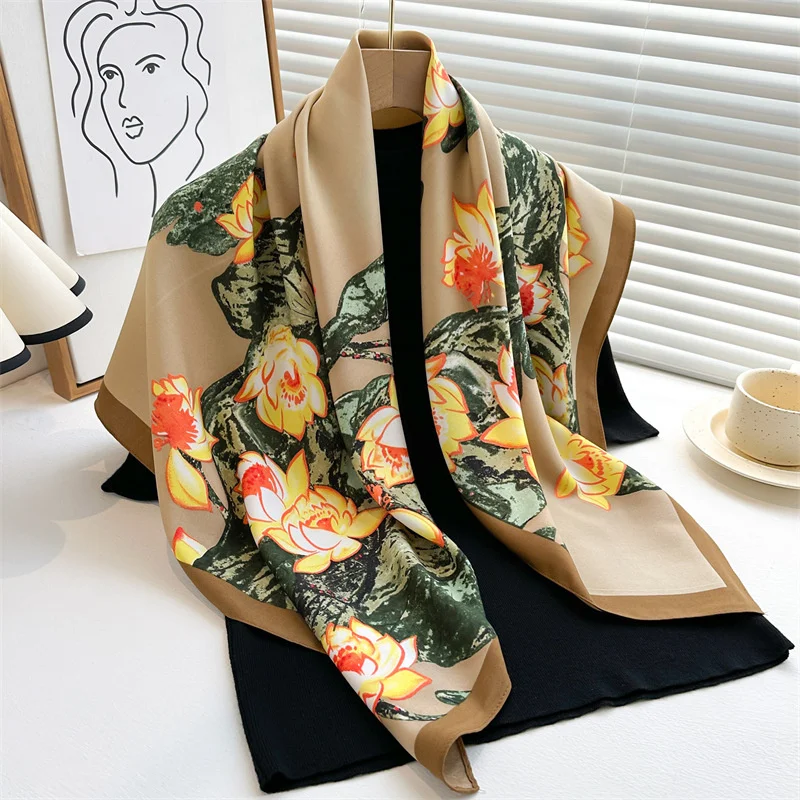 2024 Fashion New Luxury Women Printed Scarf 90cm Lotus Large Square Scarves Twill Silk Headscarf HIjab Flower Foulard